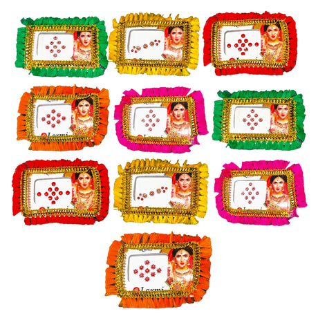 Colorful fabric-fringed photo frames with gold trim featuring printed images of a woman in traditional attire for decorative use
