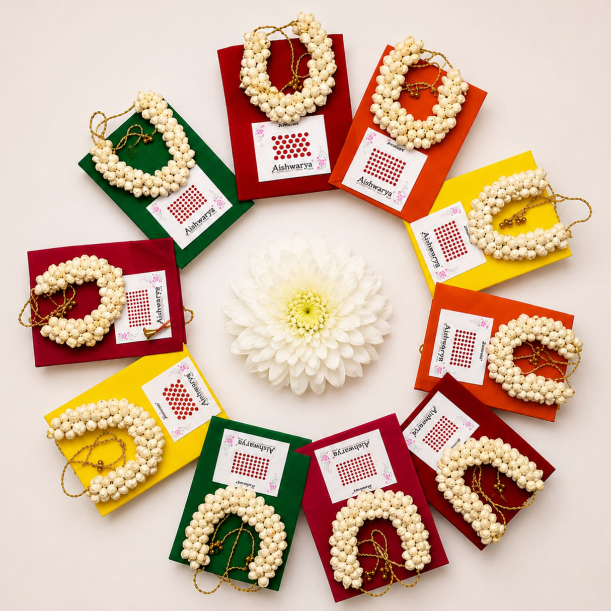 Cream-colored jasmine flower garlands elegantly arranged on colorful branded packaging in varalakshmi vratham gift hamper