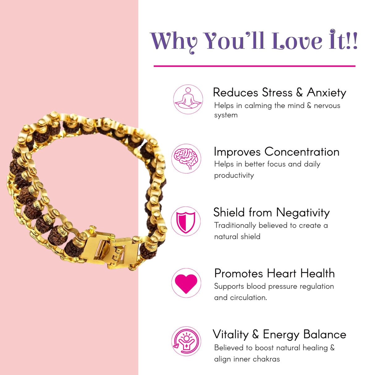 Gold Rudraksha bracelet for men with 5-mukhi beads and stainless steel links