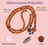 14-inch 5 Mukhi Rudraksha Mala with silver-wrapped Narmadeshwar Shivling pendant