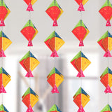 Colorful Happy Makar Sankranti mini kites in red, yellow, green, pink with stars on strings