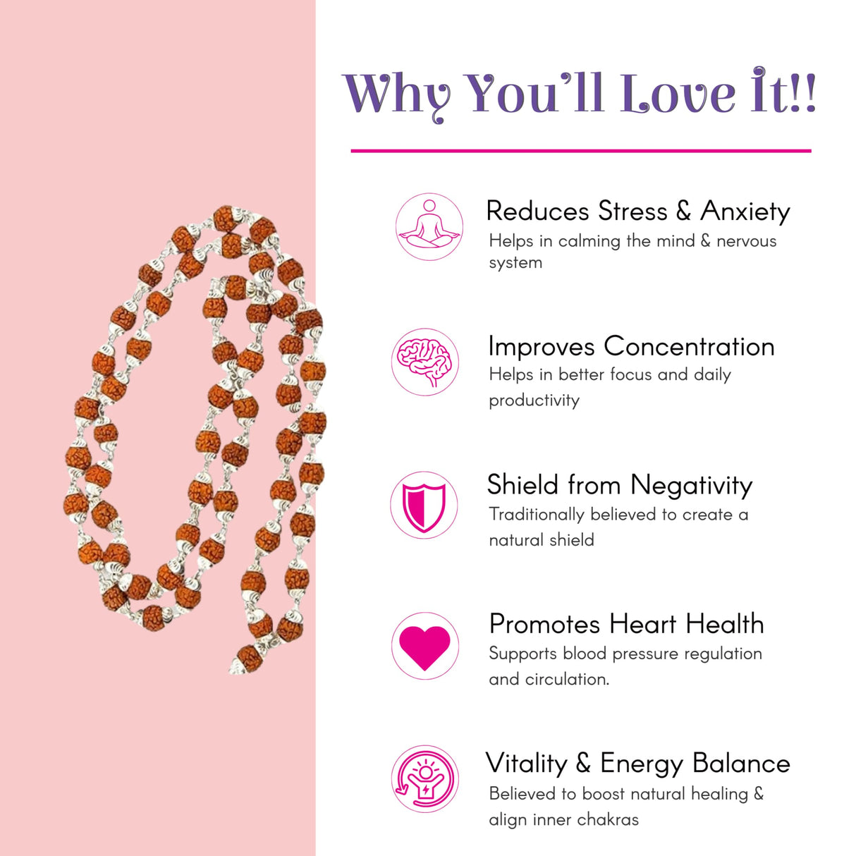 Certified 5 face rudraksha mala necklace with silver plated beads