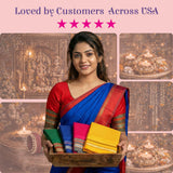 Woman in red blue sari holds tray of Khun pattern unstitched blouse pieces