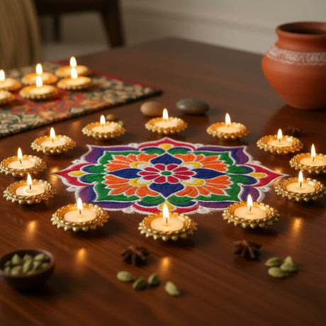Colorful Rangoli with lit Diyas in decorative tealight candle holder stand for Diwali festival