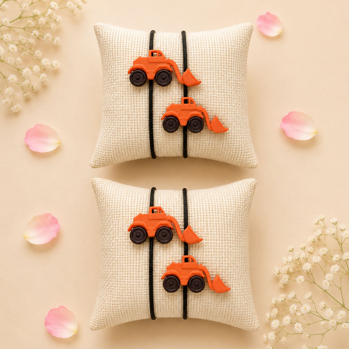 Cartoon rakhi for brother with orange plastic excavator hair ties on black elastic bands for raksha bandhan gift