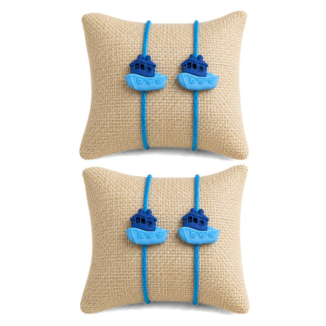 Blue plastic boat shaped cartoon rakhi with matching elastic cords adjustable bracelet for brother gift set