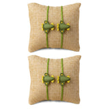 Olive green and yellow airplane themed cartoon rakhi bracelets on burlap pillows adjustable thread jewelry gift
