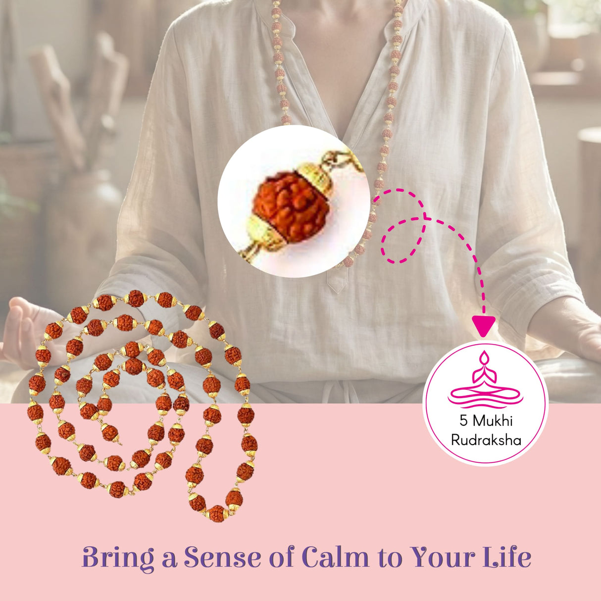 Certified 5-face rudraksha mala with 54 reddish-brown beads and gold spacers