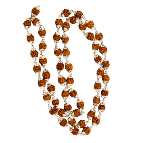 Certified rudraksha mala 5 face with brown and silver beaded wood textured beads and metallic spacers for meditation