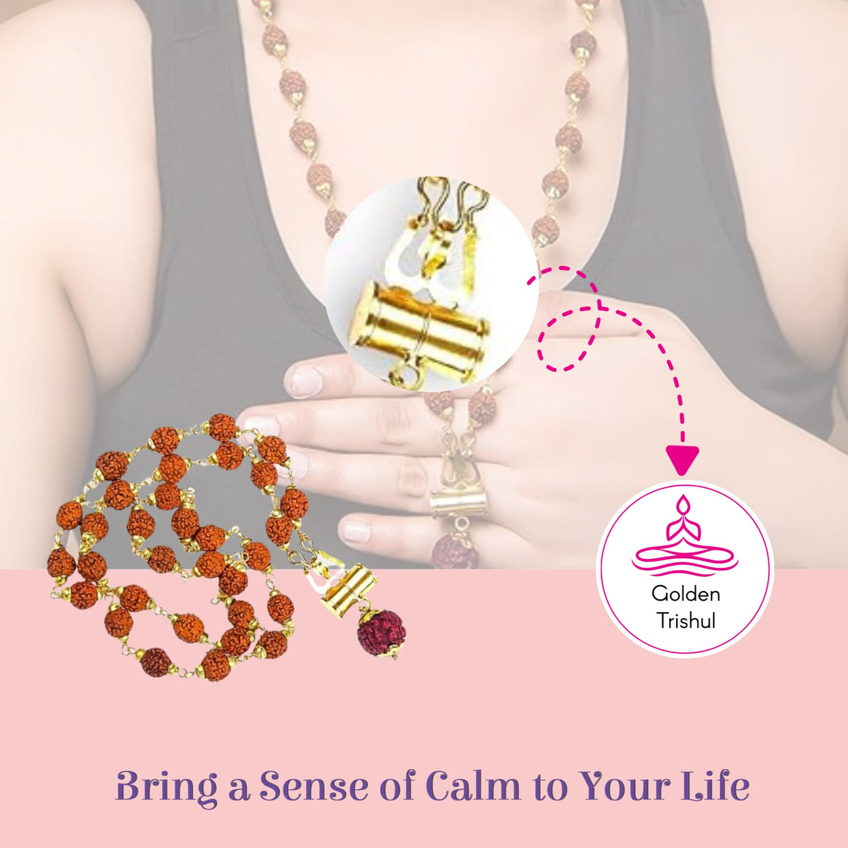 Golden Trishul 32-bead 5-face Rudraksha Mala Necklace with Gold Clasp