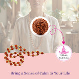 Certified 54-bead 5-face rudraksha mala with brown textured beads, gold spacers