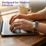 A colorful double-layered chakra bracelet for men and women with turquoise purple and earth-toned healing crystals worn on a wrist