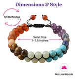 A stretchable double-layered chakra bracelet with natural orange purple blue brown and cream beads for meditation and healing