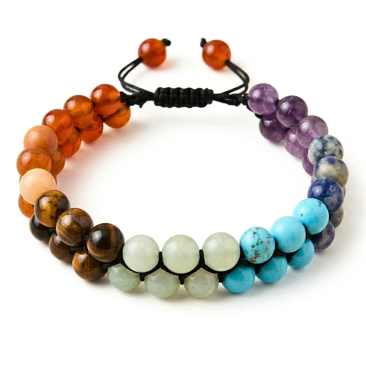 Chakra bracelet for men and women featuring a colorful double-layered design with 7 healing crystal stones on black cord