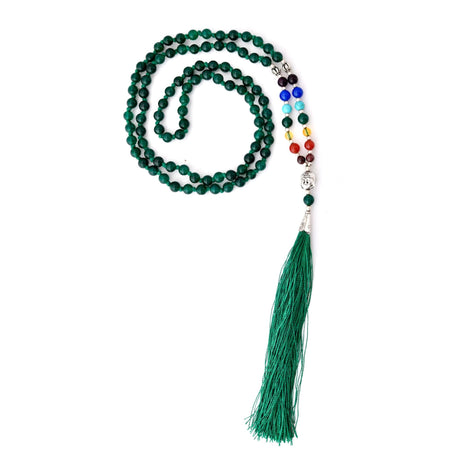 Green beaded mala necklace with tassel for meditation and spiritual healing
