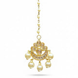 Gold-plated Chand Tikka maang tikka with pearls, faceted stones, crescent design