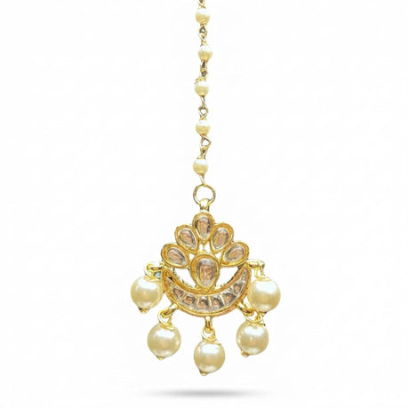 Gold-plated Chand Tikka maang tikka with pearls, faceted stones, crescent design
