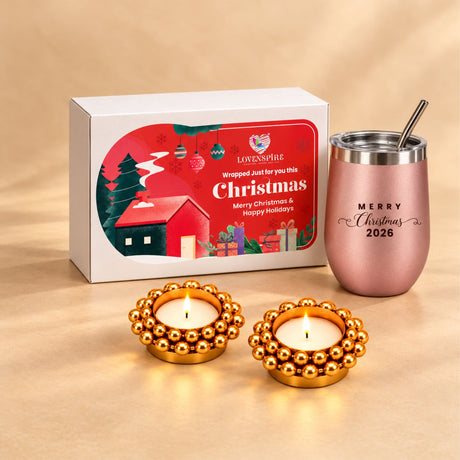 Rose gold metallic tumbler engraved with merry christmas 2026 in black script for festive keepsake gift hamper