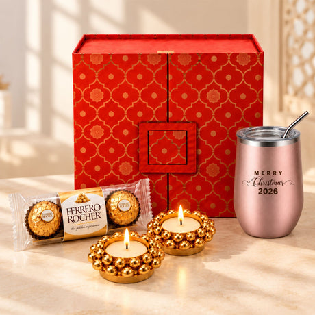 Rose gold insulated tumbler with stainless steel straw engraved merry christmas 2026 in festive keepsake box gift hamper