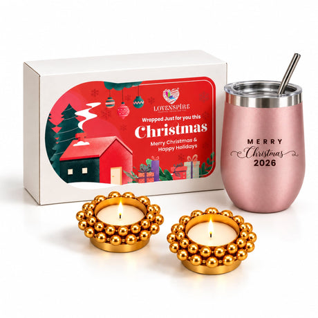Rose gold insulated tumbler with stainless steel lid and straw engraved merry christmas 2026 in festive keepsake box