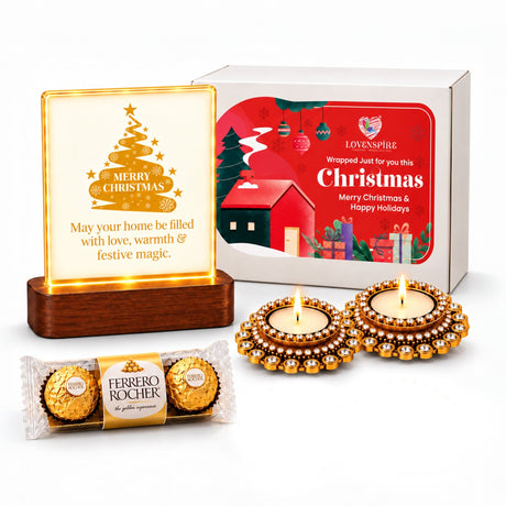 Golden illuminated christmas tree night light with wooden base in festive keepsake box with tealight candle holders