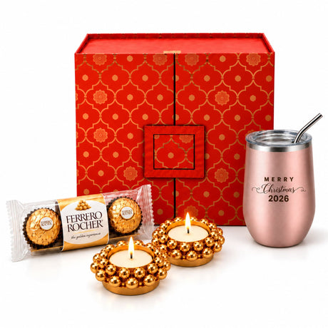Rose gold insulated tumbler with stainless steel lid and straw engraved with merry christmas 2026 in festive gift hamper