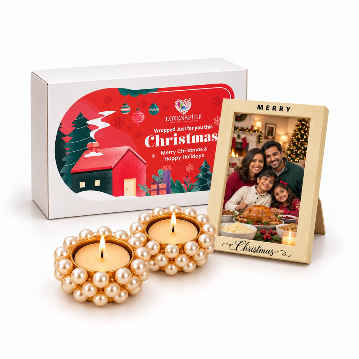 Pearl-encrusted gold tea light holders with lit candles in a festive holiday gift set with customizable photo frame