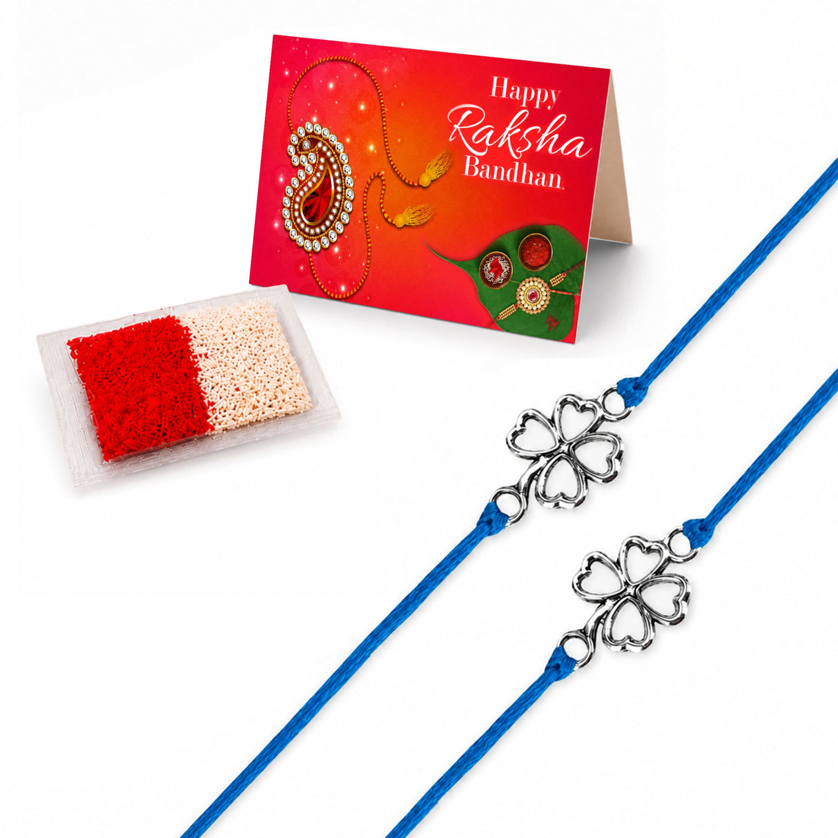 Blue cord clover leaf charm rakhi with silver four-leaf clover charms traditional raksha bandhan bracelet gift