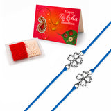Blue cord clover leaf charm rakhi with silver four-leaf clover charms traditional raksha bandhan bracelet gift