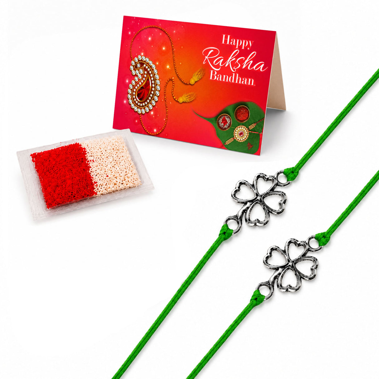 Green cord rakhi with silver four-leaf clover charms traditional raksha bandhan bracelet for brother and bhabhi