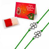 Green cord rakhi with silver four-leaf clover charms traditional raksha bandhan bracelet for brother and bhabhi