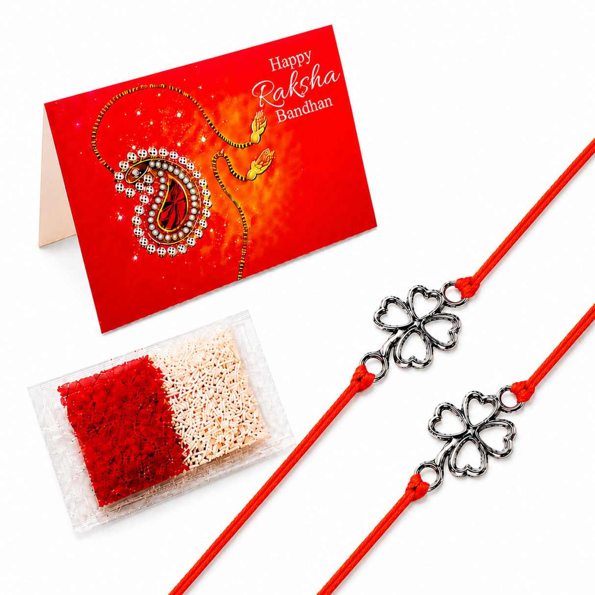 Red cord rakhi with silver four-leaf clover charms traditional raksha bandhan bracelet for brother and bhabhi protection gift