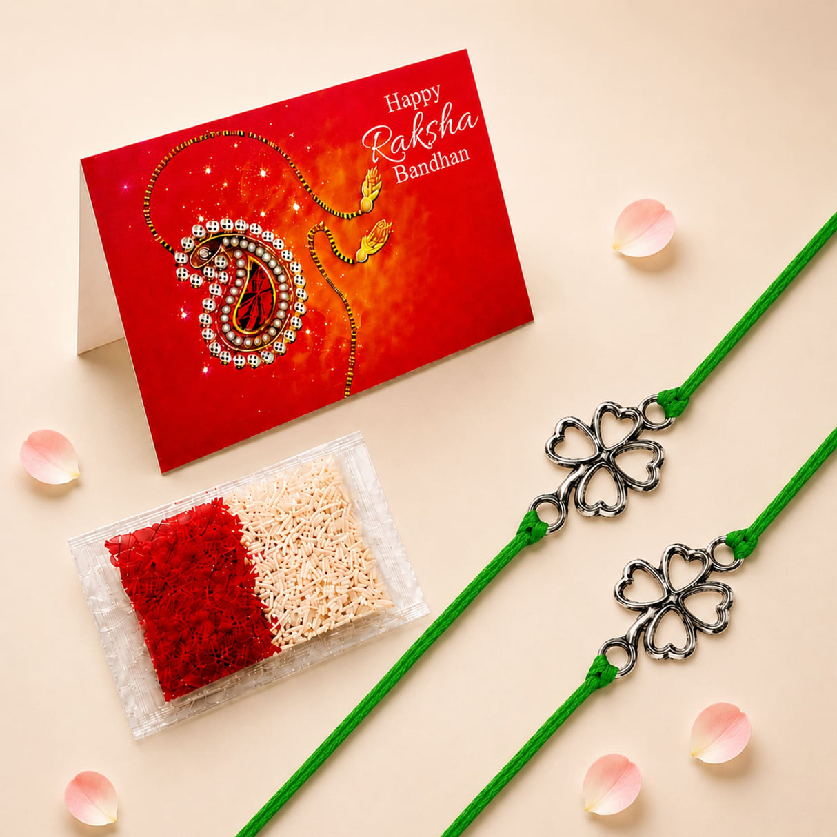 Green cord rakhi with silver four-leaf clover charms traditional raksha bandhan bracelet for protection and good luck