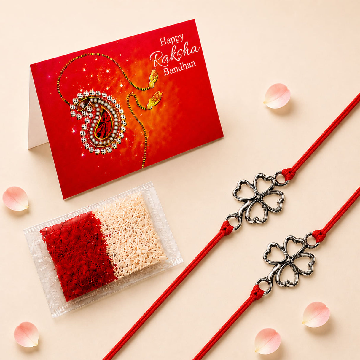 Red and silver four-leaf clover charm rakhi with red cord traditional raksha bandhan bracelet for brother and bhabhi