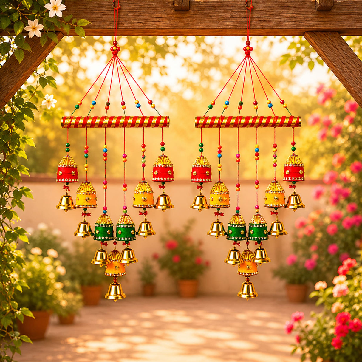 Colorful indian wind chimes with red yellow green and gold metal bells hanging from a striped wooden bar for decor