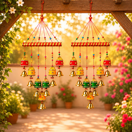 Colorful indian wind chimes with red yellow green and gold metal bells hanging from a striped wooden bar for decor