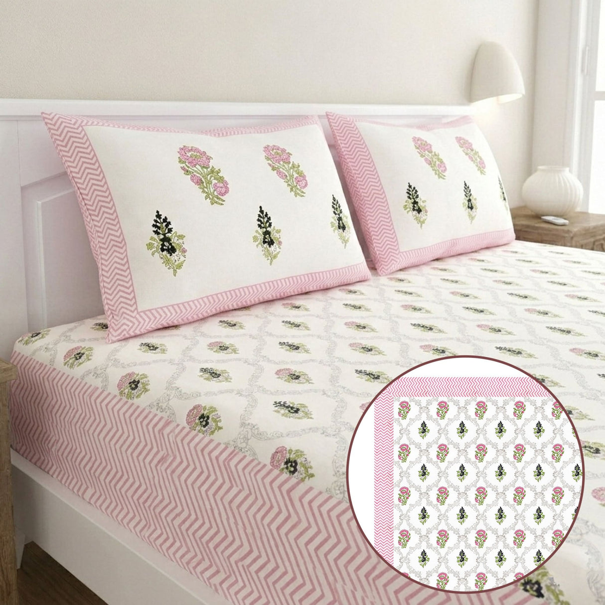 Pink white floral lattice cotton bedsheet with zigzag border