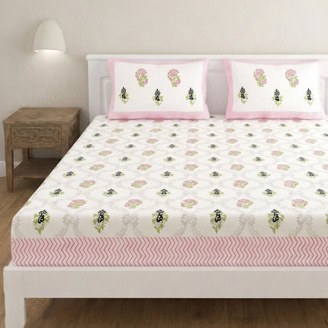 White cotton bedsheet with pink black floral lattice, pink zigzag border
