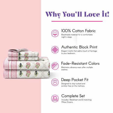 100% cotton sheets with Indian hand block printed ethnic floral lattice design