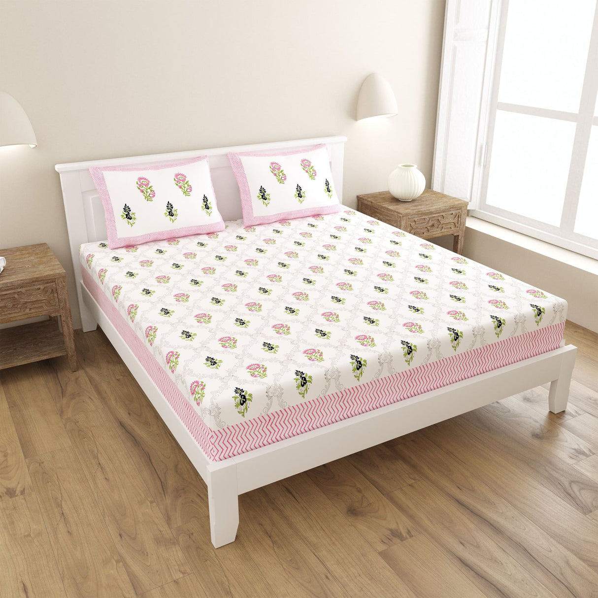 White 100% cotton bedsheet with pink black floral lattice print zigzag border