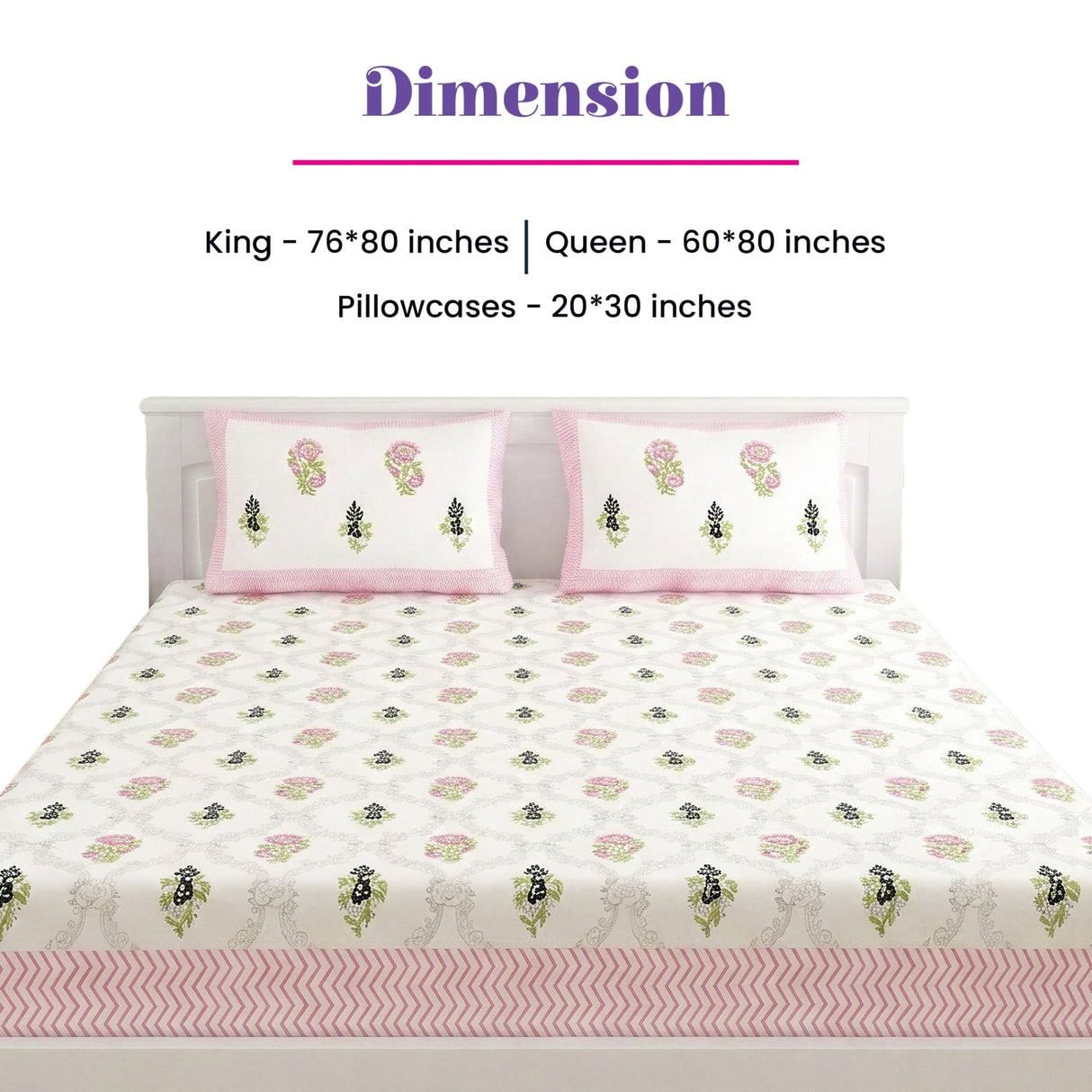 White cotton bedsheet with pink green floral lattice print and zigzag border