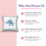 White cotton throw pillow cover with blue block-printed elephant and vines
