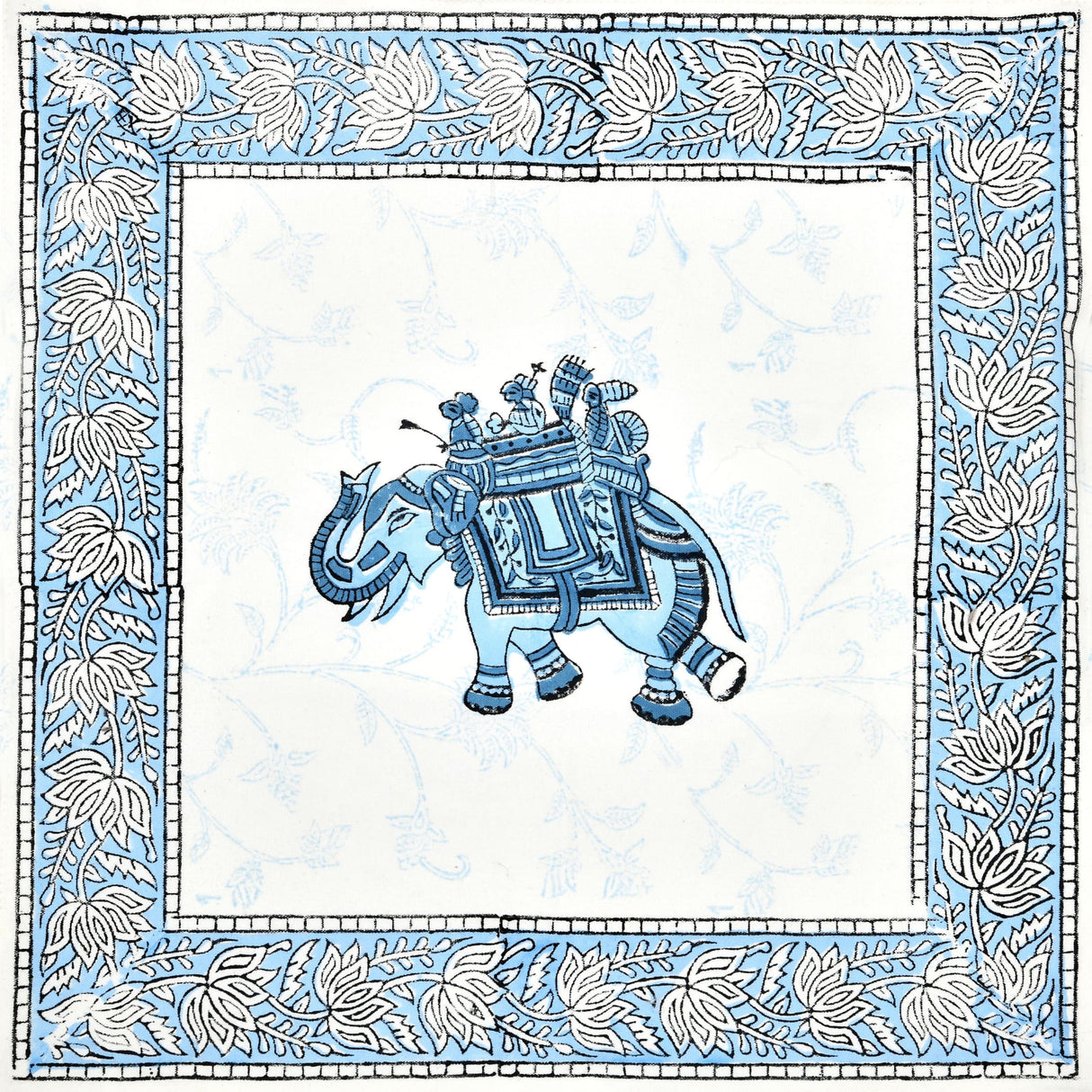 Square blue white Indian hand block printed elephant pillow cover, 16x16 inch cotton