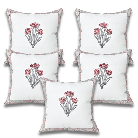 White 100% cotton pillow covers with pink grey floral embroidery, 16x16 inch set of 5