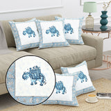 White cotton pillow cover with blue elephant embroidery, 16x16 inch