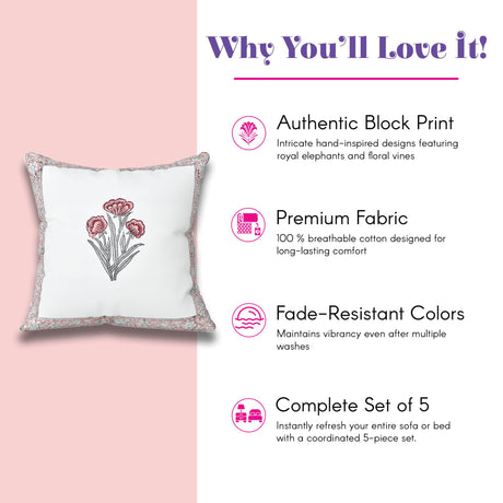 White cotton throw pillow cover with pink gray floral block print