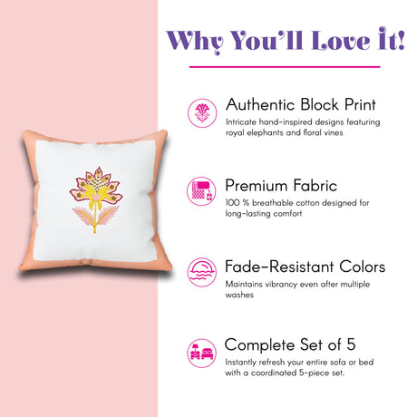 Square white 100% cotton throw pillow cover with peach border, embroidered floral lotus design