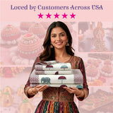 Indian woman in maroon gold dress holds 100% cotton elephant umbrella print sheets