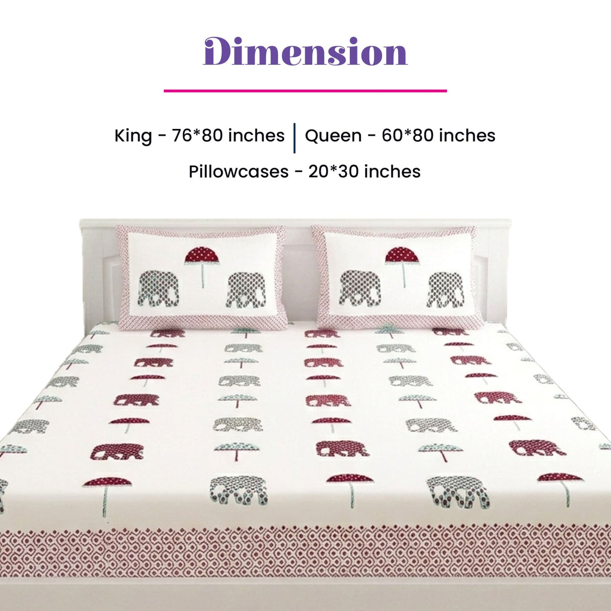 100% cotton sheet with red gray elephant umbrella print and maroon trim