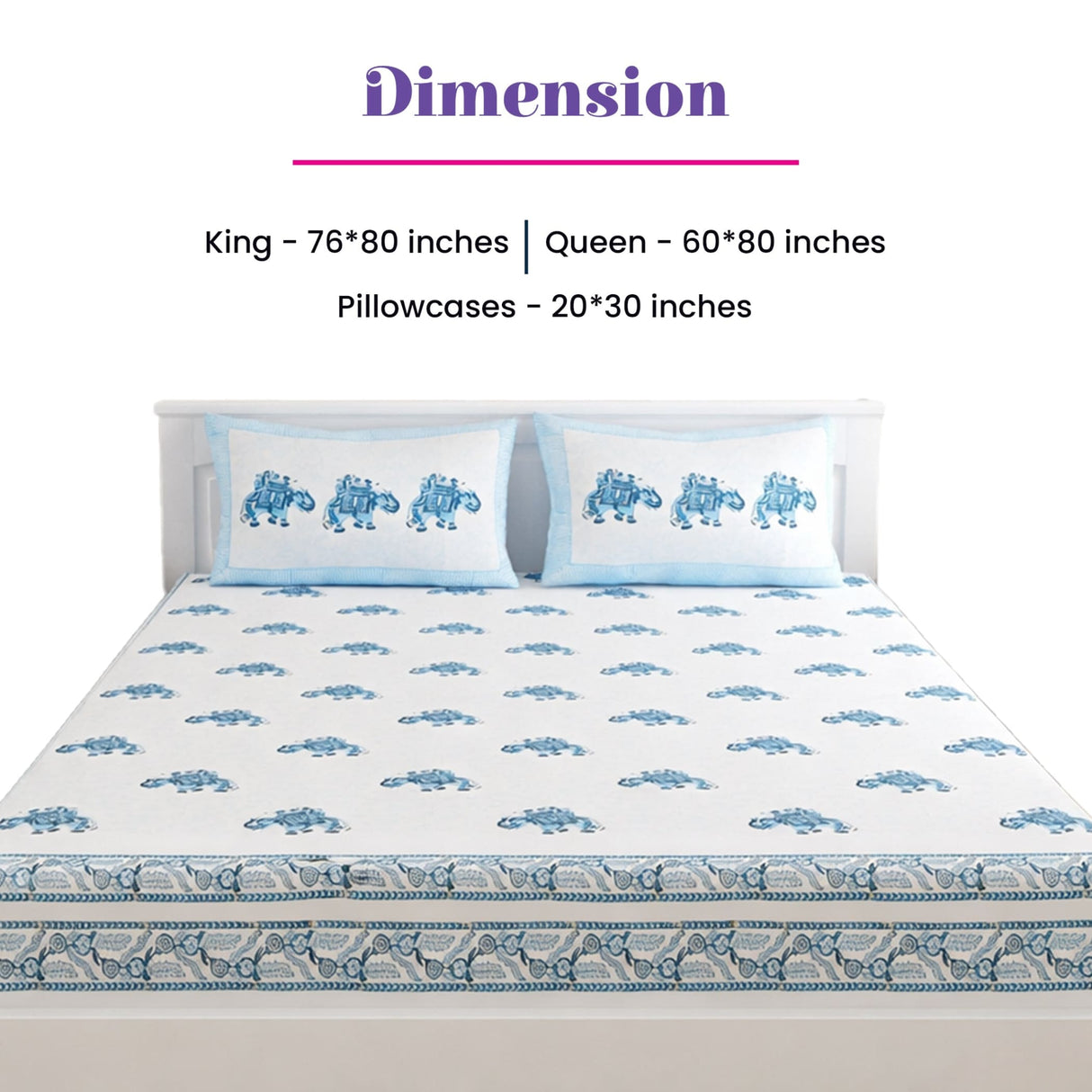 Indian hand block printed cotton sheet with blue camel prints and matching pillowcases